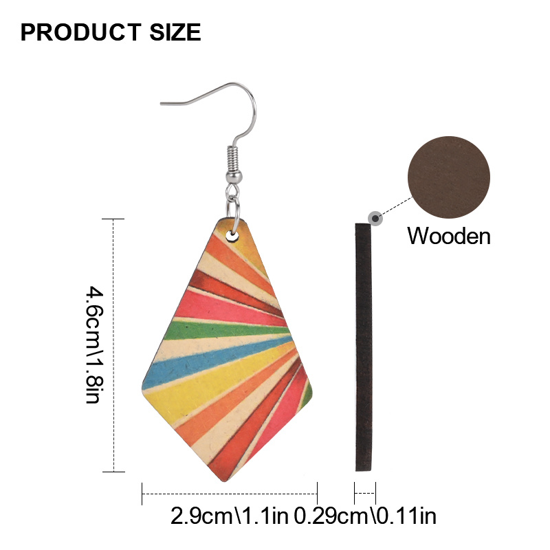 Colorful Stripes Rhombus Wooden Earrings, Boho Style